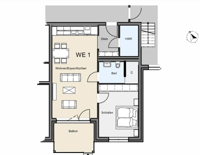 Grundriss Wohnung W1, Erdgeschoss, ca. 67,25 m², 2 Zimmer, Eigentumswohnung Liederbach am Taunus